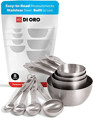 DI ORO® 8-Piece 18/8 Stainless Steel Measuring Cup and Spoon Set - Easy-to-Read Measurements - for Dry and Liquid Ingredients - Great Kitchen Tools for Cooking and Baking - Dishwasher Safe