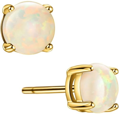 Michooyel dam opal örhängen 925 sterlingsilver 5 mm runda örhängen opal för kvinnor allergivänliga smycken, 5 mm, Sterlingsilver, 18 karat guld, Opal