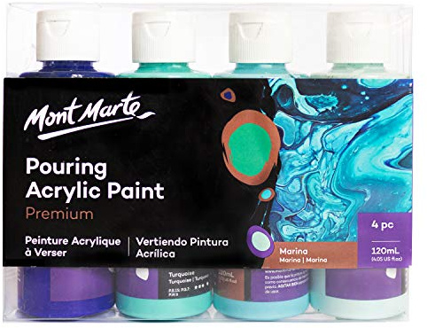Mont Marte Pouring Set Marina – 4 Stück x 120ml – Acryl Pouring – Premium Acrylfarben mit Pouring Medium vorgemischt