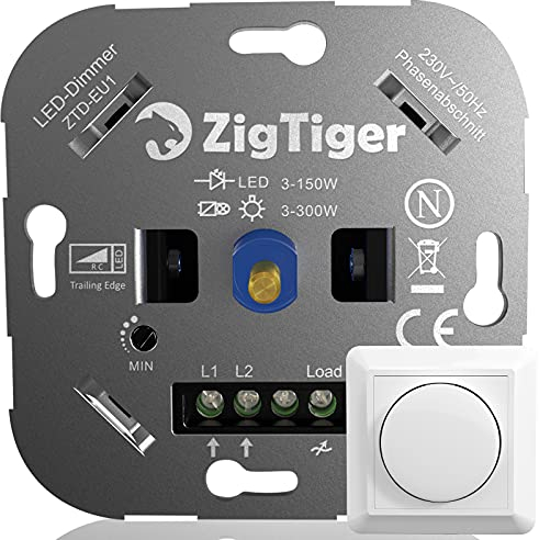 Zigtiger Lichtschalter mit Dimmer, 2-Wege-Dimmschalter, für dimmbare LED, 3-150 W, INC/HAL 3-300 W, 3 Jahre Garantie, Weiß