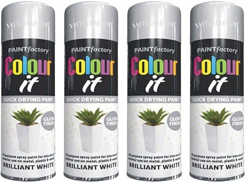 HitlineUK WHITE PAINT SPRAY, BRILLIANT WHITE GLOSS FINISH SPRAY PAINT DECORATIVE WOOD METAL PAINT COLOUR - IT 250ML (4 CANS)