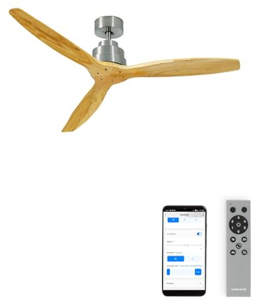 CREATE / WINDSTYLANCE NATURAL WOOD/Ventilateur de plafond avec Wifi et télécommande, niquel pales bois naturel / 40W, silencieux, Ø132 cm, 6 vitesses, programmable moteur, fonction été-hiver