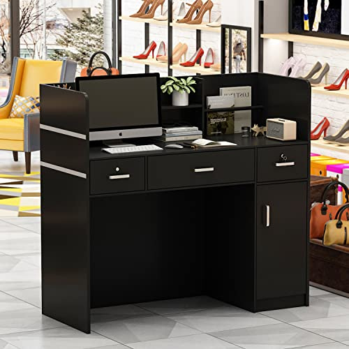 Homsee Modern Reception Desk with 3 Drawers, 1 Door Storage Cabinet & Hutch Shelf, Office Wooden Computer Desk, Writing Study Table PC Laptop Desk, Black (47.3 L x 18.3 W x 43.3 H)