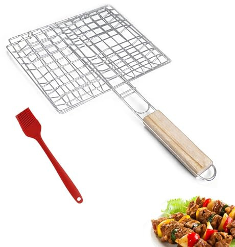 Cestino da Barbecue in Acciaio Inox, Barbecue Cestello con Maniglia di Legno, Grill Basket Rack, Griglia Basket Griglia per Barbecue, per Pesci, Verdure, Gamberi, con Pennello da Forno