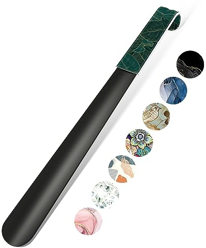Gukeniu 16.5 Inch Long Handle Shoe Horn for Seniors Men Women Kids, Metal Shoe Horns for Boots, Green Leaf