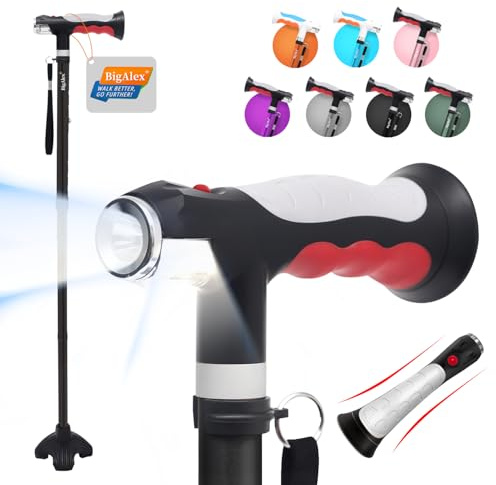 BigAlex Folding Walking Cane with Two Led Lights for Elderly Solid Base Adjustable Walking Stick with Carrying Bag for Men Women