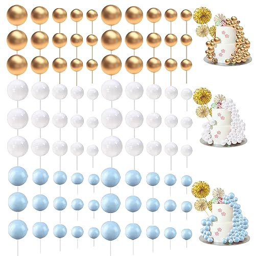 Tortendeko Kugeln, 108 Stück Kuchenaufsätze, Tortenaufsatz Kugeln Geburtstag Hochzeit Jahrestag Party Kchenaufsatz (Gold/Weiß/Blau/5 Größen bestehen)