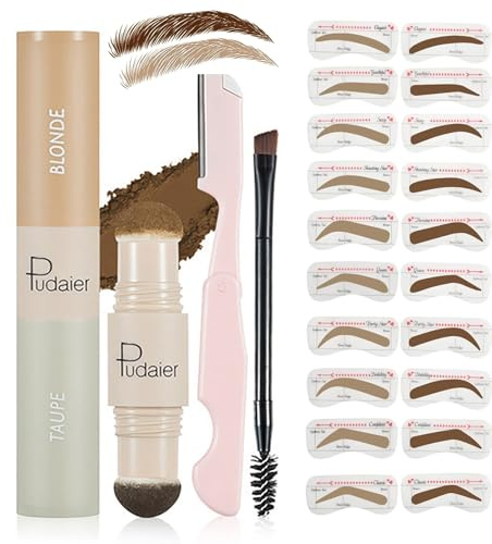 Holzsammlung kit de tampons à sourcils,outils de maquillage pour tampons à sourcils avec 20 pochoirs à sourcils réutilisables, brosse à sourcils et tondeuse à sourcils(blonde et taupe)