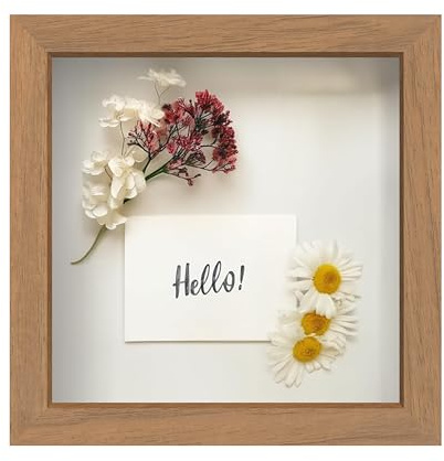 FrameWorks 8” x 8” Golden Oak Wooden Shadow Box Frame – Display Case with Soft Felt Back, Memory Box with Tempered Glass, Display Box with Elegant White Ball Push Pins, Wooden Flower Box