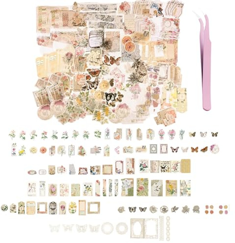 Eowppue 290PCS Kit di Adesivi Vintage per Scrapbooking- Materiali Retro per Journaling - Set di Adesivi Fai da Te per Scrapbook - Decorazioni per Journal