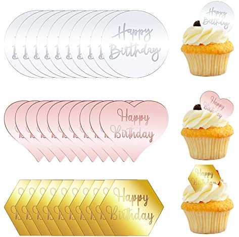LTHERMELK 30 Stück Happy Birthday Cupcake-Aufsätze, Acrylscheibe, Spiegel, Cupcake Toppers, Sechseck, rund und Herz, Happy Birthday Dekoration