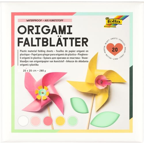folia 9161/0 - Origami-Faltblätter aus Kunststoff 280µ, 20 x 20 cm, 20 Blatt in 5 verschiedenen Farben, zum Basteln, Verzieren und Dekorieren