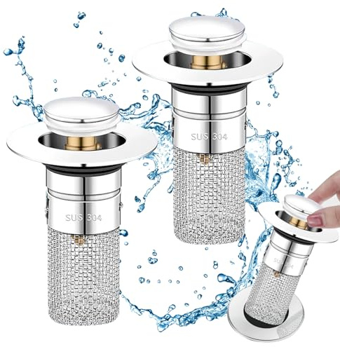 Universal Bathroom Sink Plugs 2 PCS Stainless Steel Bathroom Basin Plug for 34-40 mm Drain, Pop Up Drain Strainer with Hair Catcher Universal Sink Plug for Kitchen Bathroom Wash Basin