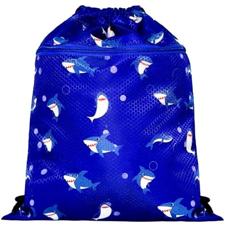 RUIRITMA Gym Drawstring Backpack for Kids - Sports Backpack for Boys & Girls - Beach Bag, Waterproof, Swimming, Shopping, Yoga - Blue Shark