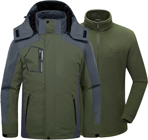 Kugnala Herren Winter-Skijacke, 3-in-1, wasserdicht, warm, Fleecefutter, Mantel, Kapuze, winddichte Jacke, S-6XL, grün/grau, 5X-Large