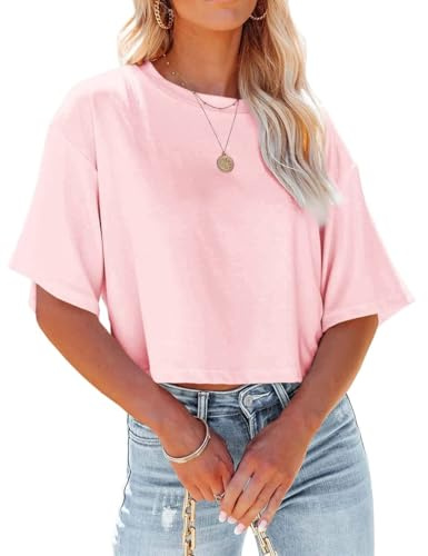 Suncife Maglietta da Donna per Allenamento Crop Top Manica hlaf Casual Basic Allentata t-Shirt t-Shirt, Rosa, M