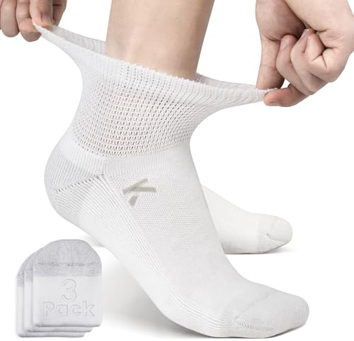 KWUKOTY Diabetikersocken mit gepolsterter Sohle, Kammgarn-Baumwolle, für Alltag & Sport, 3er-Pack Weiß Herren & Damen Größe 38-42