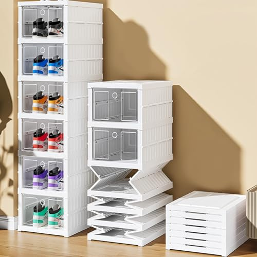 Folding Shoe Storage Cabinet With Front Door,9 Tier Transparent Stackable Storage Box,Plastic Shoe Racks Organiser,Shoe Storage Box,Freestanding Storage Bin (White)