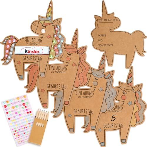 KKSJK Einladungskarten Kindergeburtstag, 15pcs Einladung Geburtstag Kraftpapier mit Buntstifte, Geburtstagseinladungen Kinder Bastelset, Partyeinladungen für Jungen Mädchen (Einhorn)