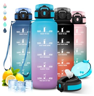 Grsta Gourde 1,5l Sport, Anti Fuite, Gourde Graduée pour 1 Journee, Facile à Transporter, avec Slogan de Motivation, pour Aptitude, Camping, Yoga, Randonnée