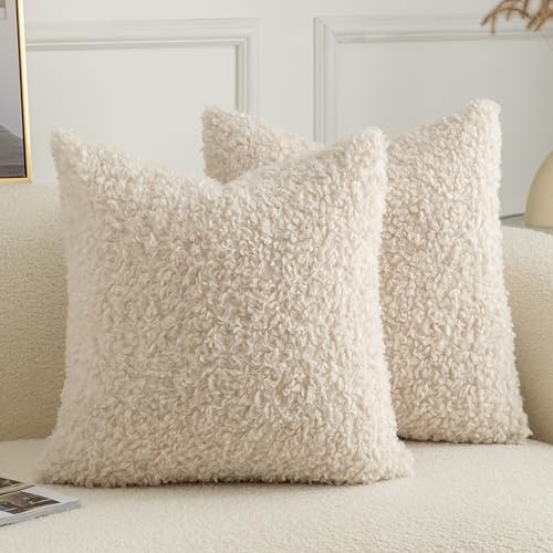 Joyouth 2er Set Curly Teddy Wolle Faux Pelz werfen Kissenbezug Abdeckungen Fuzzy Akzent weiche Sherpa Kissenbezüge Schaffel Fleece Dekorative Kissen Fall für Sofa Couch Wohnzimmer 50x50 cm Beige