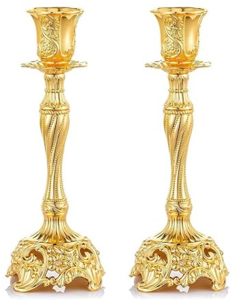 WDWDW Goldene Messing-Kandelaber – 2er-Set dekorative Tisch-Kerzenständer mit Edelstein-Blumen-Design Prosperous