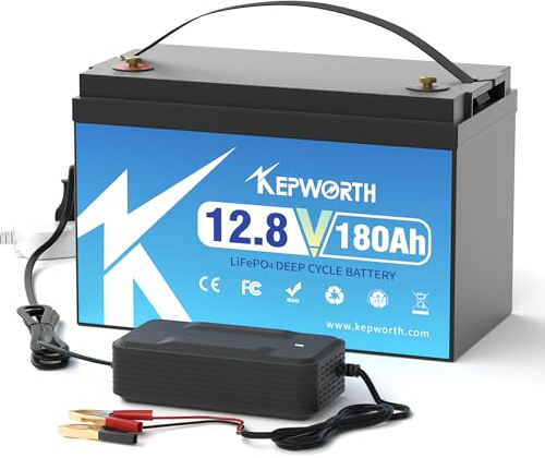 KEPWORTH Lithium Batterie 12V 180Ah 2304Wh LiFePO4 Deep Cycle Batterien Gruppe 31 mit 7A ladegerät, 100A BMS, perfekt für Wohnmobil,Solarpanel Kit,Boot,Solaranlage Komplettset