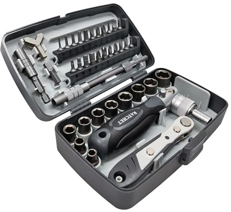 38-in-1 Ratschenschlüssel Set, Knarrenkasten Klein, 180°Drehbarer Griff und Rechtwinkel Schraubendreher Set, Ratschenkasten Klein für Elektronik, Computer, Möbelmontage und Fahrräder