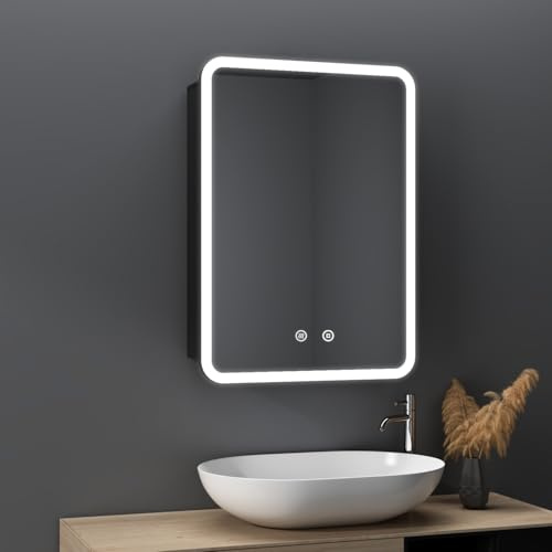 HY-RWML Spiegelschrank Bad mit Beleuchtung LED Badezimmerschrank Badezimmer Spiegelschrank mit Verstellbaren Ablagen,Beschlagfrei,3 Farbtemperatur Dimmbare,Touchschalter(40 x 60 x 13,5 cm)
