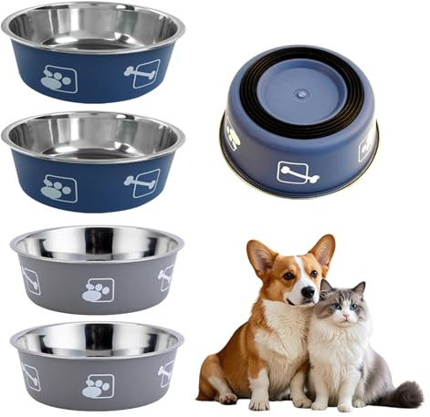 Set di 4 ciotole per cani in acciaio inox con base in silicone antiscivolo, 800 ml, per cani e gatti, 17,5 cm, adatte per cani piccoli, medi e grandi dimensioni (grigio e blu)