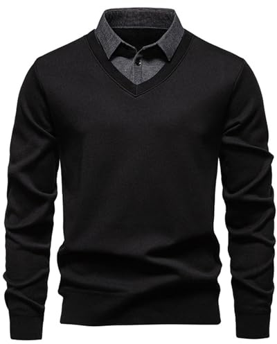 Zanisouta Sweat-shirt pour homme en deux pièces - Col en V - Pull en tricot - Manteau tendance - Doux au toucher - Col de chemise blanc à carreaux - Grande taille, O Noir., XXXL