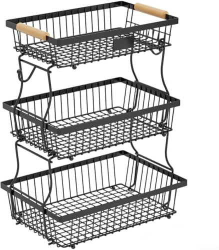 Besttoolifes Cesto portafrutta in ferro a 3 ripiani, design staccabile con manico in legno per esporre frutta e verdura fresca