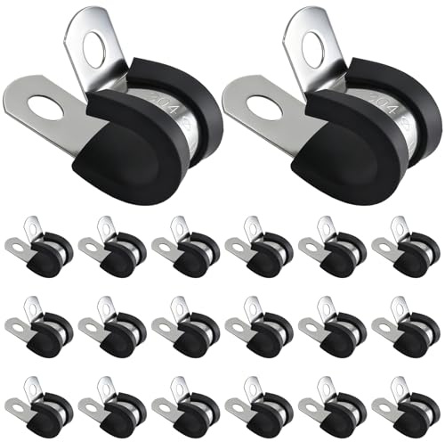 20 PCS 304 Stainless Steel Rubber Lined R Shaped Clips,Hose Conduit Clips | Rubber Cushioned R Type Pipe Clamps,Metal Wire Cable Clamps,Cable Mounting Clamps for Cable,Cord,Wire,Tube Management