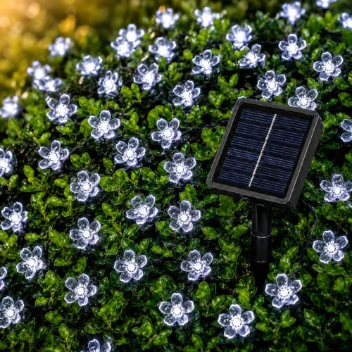 ZingBox Solar Lichterkette Kirschblüten Aussen, 5m 20LED 8 Modi Weiß | Wetterfeste Superhell Solar Kirschblüten Lichterkette, Solarlampe für Garten Balkon Hochzeit Party Festival Weihnachten Deko