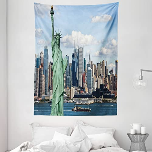 ABAKUHAUS Hafen Wandteppich, Statue von Liberty NYC, Wohnzimmer Schlafzimmer Heim Seidiges Satin Wandteppich, 150 x 200 cm, Blau