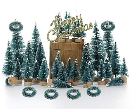 Pannow 55 stycken miniatyr flaska borste träd mini sisal snö frost julgranar bordslöpare snö ornament för julfest dekoration