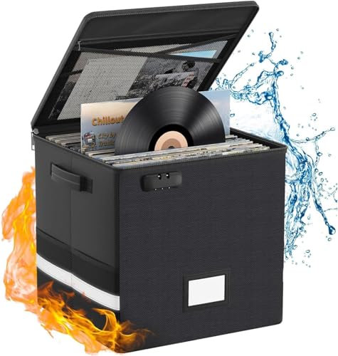 Hodufy Record Storage Box with Lock & 3 Portable Handles,Fireproof & Water Resistant Record Organizer Storage for 100+ Single Records,Collapsible Storage Crate with Lid for Valuable Album Collection