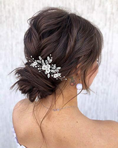 Edary Braut Haarschmuck Hochzeit Silber Perlen Haarkamm Kopfschmuck Kristall Haarspange für Frauen und Mädchen