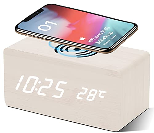 VORRINC Sveglia in Legno con Caricabatterie Wireless, Sveglia Digitale, Regolazione Luminosità a 3 Livell, Controllo vocale Intelligente, Orologio da Comodino Doppio Alimentatore