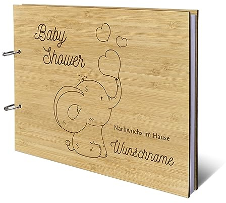 Personalisiertes Babyparty Gästebuch Holz DIN A4 Babyshower Taufe Erinnerungsbuch Gravur - Herz-Elefant - mit 72 Blatt / 144 Seiten Naturpapier Weiß