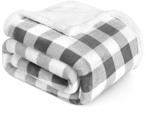 PAVILIA Light Grey Buffalo Plaid Sherpa Throw Blanket for Couch Twin, Soft Fuzzy Flannel Blanket for Bed, Plush Checkered Fleece Blanket and Throws, Warm Thick Winter Blanket Gift, 60x80