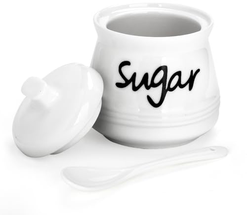 Cyimi Sugar Bowl Porcelain with Lid and Spoon, 355 ML/12 OZ, Ceramic Sugar Storage Jar, Sugar Salt Pot Seasoning Canister Suit for Coffee Bar, Restaurant, Home, Kitchen