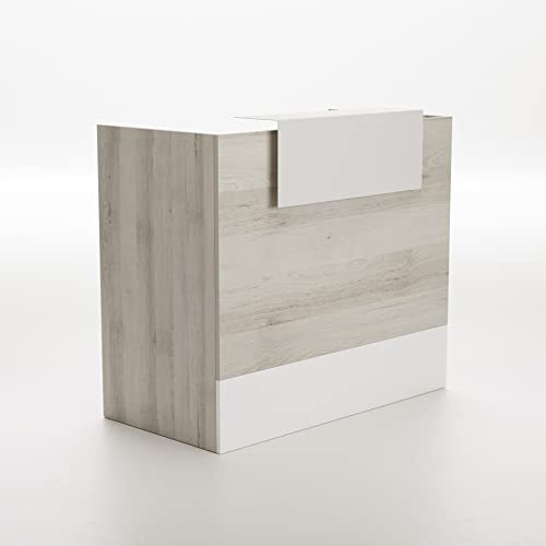 OFITURIA Mesa Mostrador de Diseño para Recepción de Tienda, Oficina, Peluqueria, Negocio, etc. Mueble Escritorio para Recepción en Diferentes Tamaños, Color Haya+Blanco (1400mm)