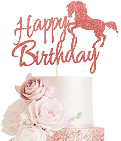 Arthsdite Kuchenaufsatz mit Pferderennen-Motiv, Party-Dekoration für Jungen, Mädchen, Männer, Frauen und Kinder – Roségold-Glitzer