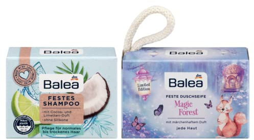 Balea 2er-Set: FESTES SHAMPOO COCOS LIMETTE Feuchtigkeitspflege für trockenes Haar ohne Silikone (60 g) + DUSCHSEIFE MAGIC FOREST festes Duschgel mit märchenhaftem Duft (100 g) 160 g