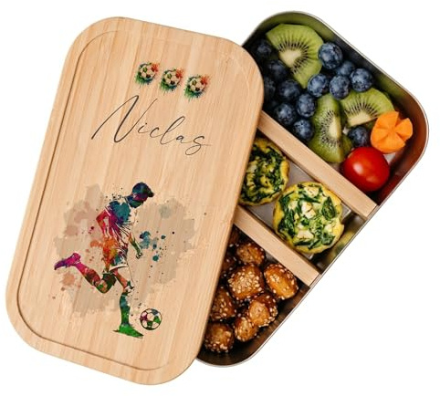 Manufaktur Liebevoll - Personalisierte Brotdose mit Fächern, Edelstahl Lunchbox mit Bambus Deckel u. Trenner, Nachhaltige Brotbüchse | ädchen, Jungen (Motiv Fußballspieler, Weißblech | Größe S)