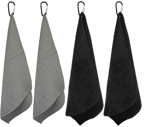 TSHAOUN 4 Pezzi Asciugamano da Golf in Microfibra, Asciugamano per Pulizia del Golf con Clip, Asciugamano Sportivo Pieghevole per Campo da Golf, Palestra, Campeggio, 30 * 30cm (Nero,Grigio)