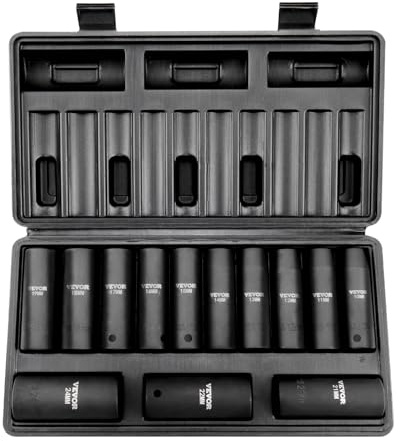 VEVOR 1/2 Drive Impact Socket Set, 13 Piece Deep Socket Set Metric 10-24mm, 6 Point CR-V Alloy Steel for Auto Repair, Easy-to-Read Size Markings, Rugged Construction, Includes Storage Case