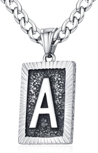 XIRUVE Herren Damen Edelstahl Buchstabe A bis Z Viereck Retro Stil Anhänger Initiale Halskette mit 6mm breite Panzerkette Länge Verstellbar A
