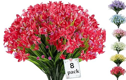 Siganorpy 8 narcisi artificiali, vasi da tavolo per esterni, resistenti, fiori finti, arbusti per interni ed esterni, giardino, portico, finestra, decorazione per la casa (rosso)